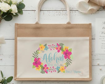 Bolsa de bienvenida para bodas con estampado floral hawaiano / Bolsa de mano de yute para bodas de destino en Hawái / Bolsa de bienvenida para bodas en la playa