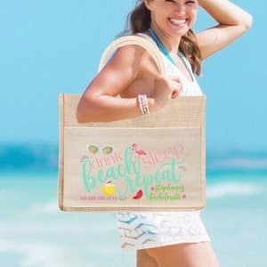 Trinken Strand Schlaf wiederholen Bachelorette Strandtasche | Junggesellinnenabschied Jute Jute Tragetasche Favor | Strand Junggesellinnenabschied Willkommen Tote Bag