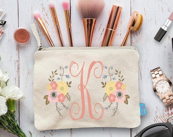 Personalized Bridal Party Makeup Bag - Floral Initial Design