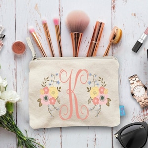 Personalized Bridal Party Makeup Bag Floral Initial Design image 1