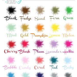 May include: A color chart by ilu.lily DESIGNS featuring twenty-five starburst icons in various colors, each labeled with its corresponding name in script font, including Black, Fudge, Sand, Fern, Grass, Mint, Gold, Pumpkin, Lemon, Melon, Cherry, Blush, Plum, Lavender, Hottie, Bubble, Candy, Coral, Teal, Baby, Ocean, Aqua, Navy, Stone, and Tin.