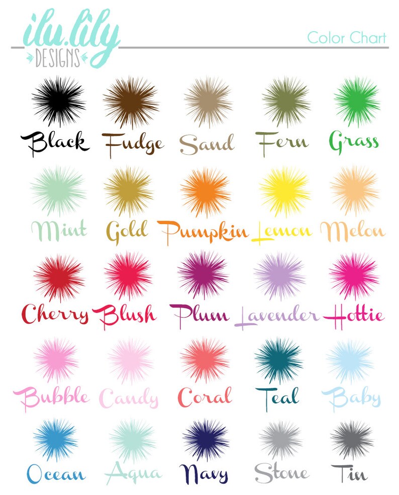 May include: A color chart by ilu.lily DESIGNS featuring twenty-five starburst icons in various colors, each labeled with its corresponding name in script font, including Black, Fudge, Sand, Fern, Grass, Mint, Gold, Pumpkin, Lemon, Melon, Cherry, Blush, Plum, Lavender, Hottie, Bubble, Candy, Coral, Teal, Baby, Ocean, Aqua, Navy, Stone, and Tin.