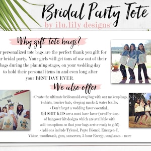 May include: A pink and white graphic with the text "Bridal Party Tote Bags by ilu.lily designs" and a description of why tote bags are a great gift for a bridal party. The graphic includes two photos of women holding tote bags with the text "Bride Tribe" on them.