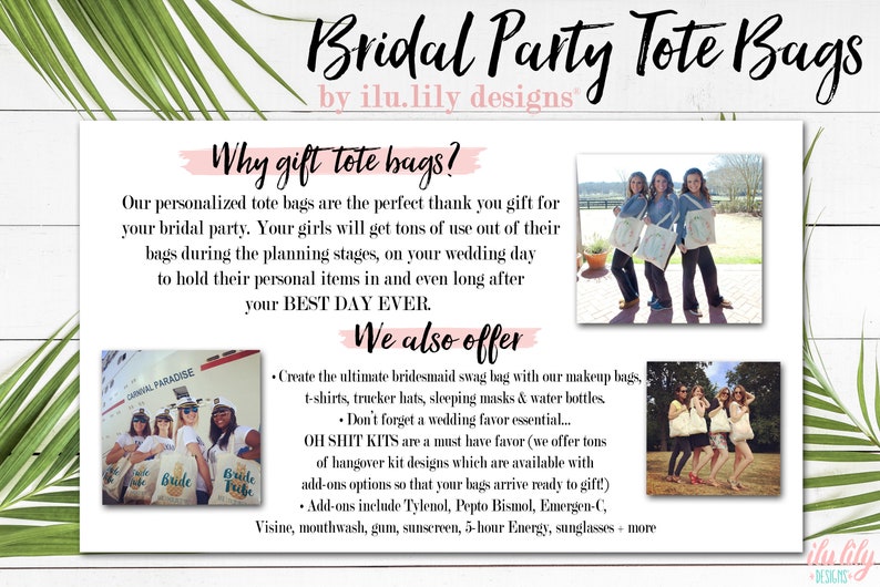 May include: A pink and white graphic with the text "Bridal Party Tote Bags by ilu.lily designs" and a description of why tote bags are a great gift for a bridal party. The graphic includes two photos of women holding tote bags with the text "Bride Tribe" on them.