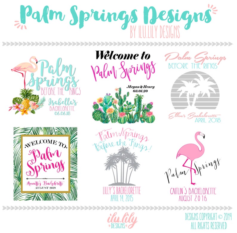 May include: A collection of six different designs for Palm Springs bachelorette party invitations. Each design features a different theme, including flamingos, cacti, and palm trees. The text on the invitations includes the names of the brides-to-be, the dates of the parties, and the phrase "Palm Springs Before the Rings."