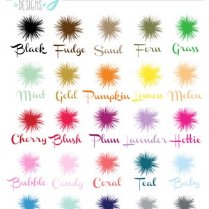 May include: A color chart featuring 30 different colors with names like "Black", "Fudge", "Sand", "Fern", "Grass", "Mint", "Gold", "Pumpkin", "Lemon", "Melon", "Cherry", "Blush", "Plum", "Lavender", "Hottie", "Bubble", "Candy", "Coral", "Teal", "Baby", "Ocean", "Aqua", "Navy", "Stone", and "Tin".