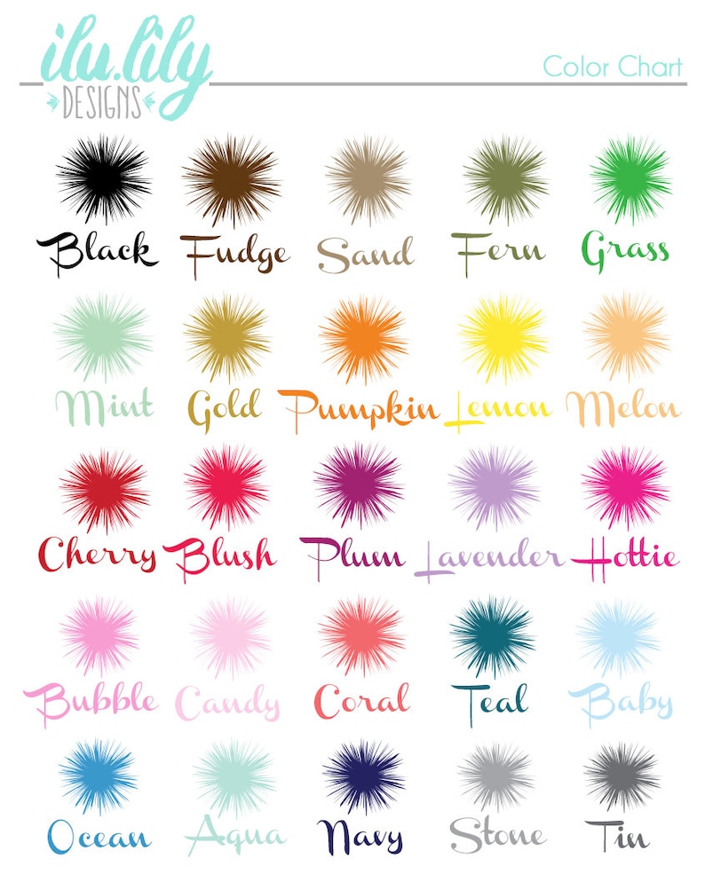 May include: A color chart featuring 30 different colors with names like "Black", "Fudge", "Sand", "Fern", "Grass", "Mint", "Gold", "Pumpkin", "Lemon", "Melon", "Cherry", "Blush", "Plum", "Lavender", "Hottie", "Bubble", "Candy", "Coral", "Teal", "Baby", "Ocean", "Aqua", "Navy", "Stone", and "Tin".