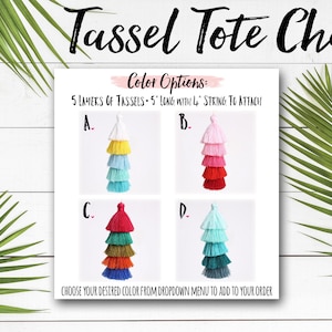 May include: Five layered tassel charms in four color combinations: white, yellow, light blue, turquoise; pink, red, orange, light pink; red, green, orange, blue; and light blue, turquoise, teal, dark blue. Each tassel charm is 5 inches long with a 14 inch string to attach.