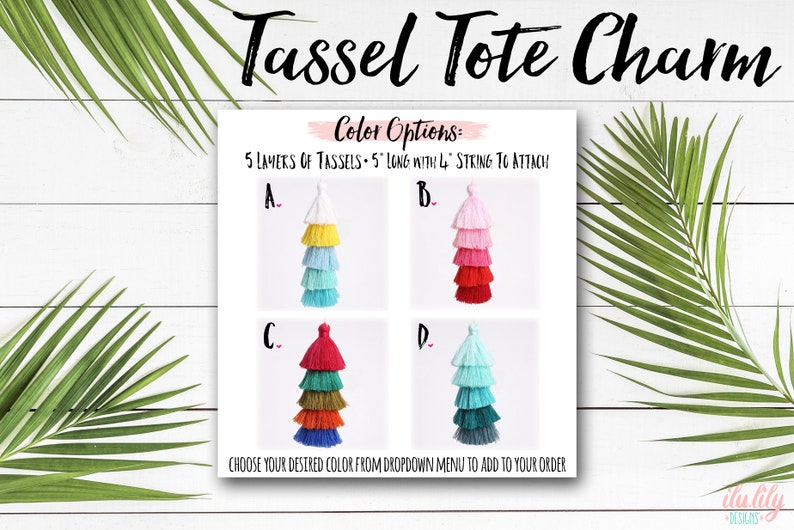 May include: Five layered tassel charms in four color combinations: white, yellow, light blue, turquoise; pink, red, orange, light pink; red, green, orange, blue; and light blue, turquoise, teal, dark blue. Each tassel charm is 5 inches long with a 14 inch string to attach.