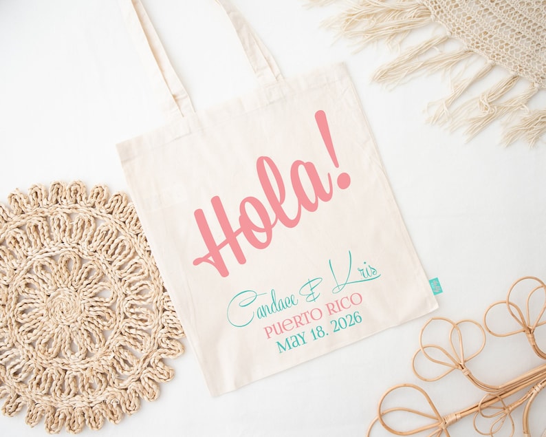 Hola Welcome Bag, Wedding Welcome Tote Bag, Wedding Tote, Hola Tote, Custom Canvas Tote Bag, Destination Tote Bag, Custom Wedding Totes image 1