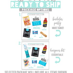 The image is a promotional graphic for a gift package, featuring various items such as band-aids, energy drinks, and other essentials. The text indicates that the selected package will include all items shown, and the bags will arrive stuffed and ready to gift. The text also mentions that a la carte fillers are available for additional items.