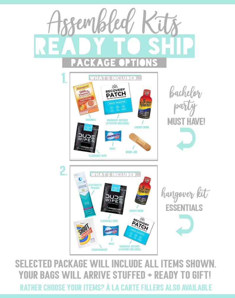 The image is a promotional graphic for a gift package, featuring various items such as band-aids, energy drinks, and other essentials. The text indicates that the selected package will include all items shown, and the bags will arrive stuffed and ready to gift. The text also mentions that a la carte fillers are available for additional items.