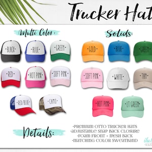 a collection of colorful trucker hats in various colors, including black, blue, green, gold, red, pink, soft pink, white, and tan. The hats are arranged in two columns, with the left column showcasing solid colors and the right column featuring multi-colored solid hats. The image also includes details about the hats, such as their adjustable snap back closure, foam front, mesh back, and matching color sweatbands.