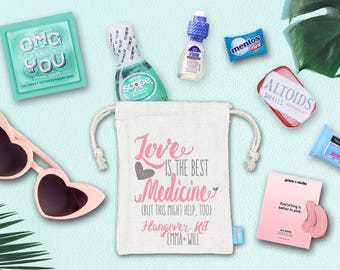 Kit per i postumi della sbornia "L'amore è la migliore medicina" - Borsa di benvenuto per matrimonio / Borsa per bomboniere assemblata con accessori / Kit per i postumi della sbornia