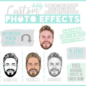 May include: A digital graphic display showing a man's face transformed into three distinct styles: a black and white vectored line drawing, a colored cartoon illustration, and a grayscale sketched portrait, with text labels and promotional text.