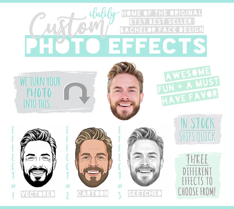 May include: A digital graphic display showing a man's face transformed into three distinct styles: a black and white vectored line drawing, a colored cartoon illustration, and a grayscale sketched portrait, with text labels and promotional text.