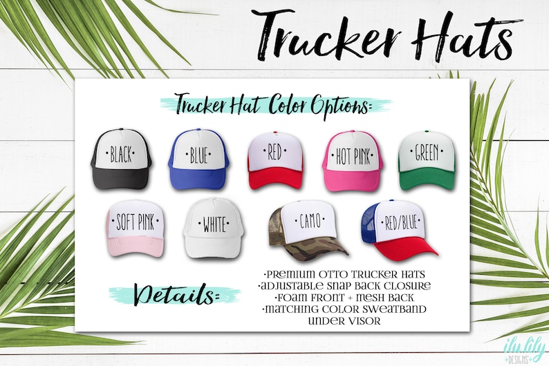 May include: Image showcasing a variety of trucker hats in different colors, including black, blue, red, hot pink, green, soft pink, white, camo, and red/blue. The text "Trucker Hats" is at the top, with details about the hats below.