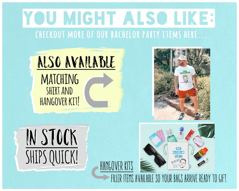 May include: A light blue promotional graphic with text that reads "YOU MIGHT ALSO LIKE: CHECKOUT MORE OF OUR BACHELOR PARTY ITEMS HERE..." and "ALSO AVAILABLE MATCHING SHIRT AND HANGOVER KIT!" and "IN STOCK SHIPS QUICK!". The image also shows a person wearing a shirt and red shorts, and a hangover kit.