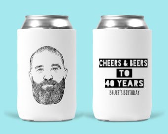 Birthday Party Custom Photo Koosie | Custom Caricature | Birthday Party Cozies | Can Cooler for Birthday Party | Cheers & Beers to 40 Years