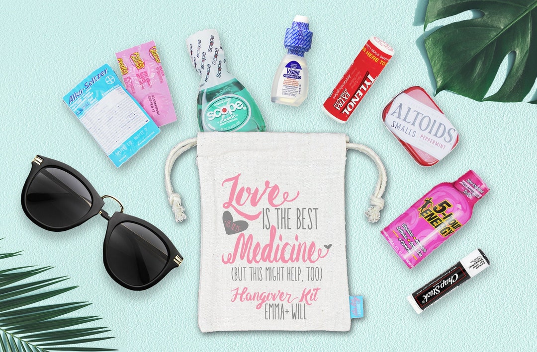 Love is the Best Medicine Hangover Kit Wedding Bag Assembled