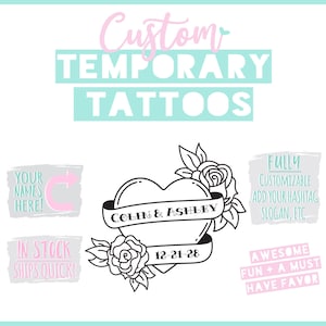 Personalized Wedding Heart Couple Temporary Tattoo Wedding Favors | Custom Tattoo Bar Favor | Engagement Party Favor