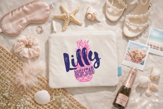 Personalized Bridesmaid Makeup Bag | Destination Beach Wedding | Bridal Party Gift | Bride & Maid of Honor Gift | Assembled Favor Bags