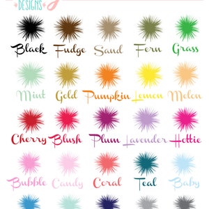 May include: Color chart with 20 different color swatches. Each swatch is a stylized starburst shape with a name underneath. The colors include black, fudge, sand, fern, grass, mint, gold, pumpkin, lemon, melon, cherry, blush, plum, lavender, hottie, bubble, candy, coral, teal, baby, ocean, aqua, navy, stone, and tin.