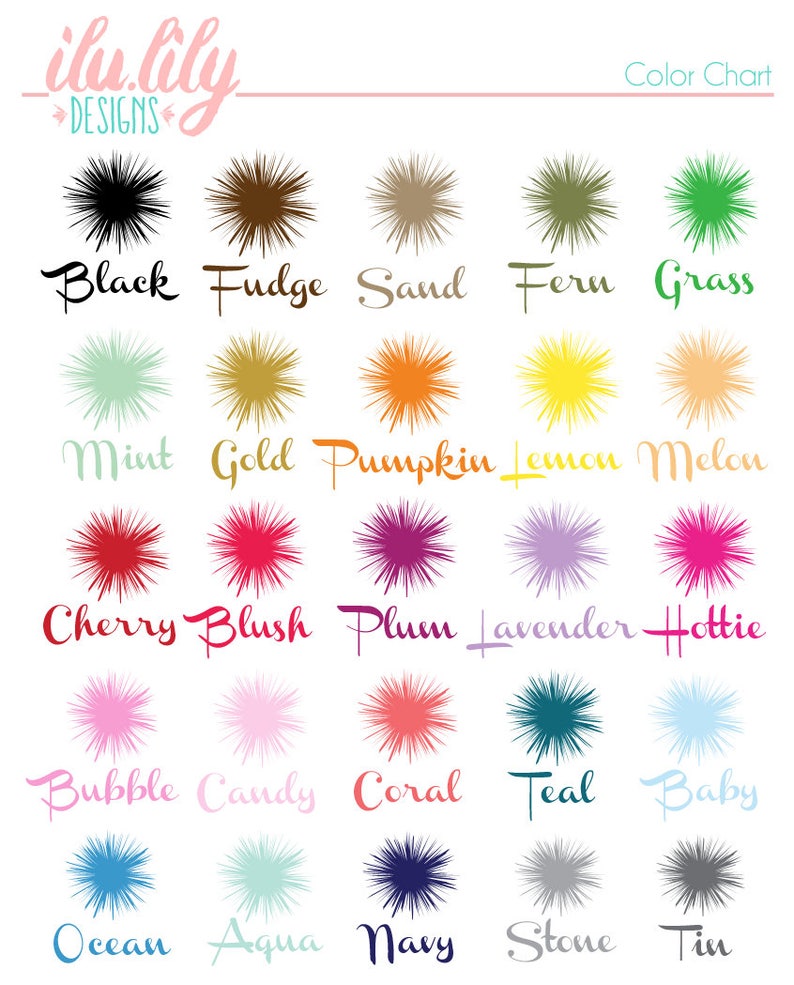 May include: Color chart with 20 different color swatches. Each swatch is a stylized starburst shape with a name underneath. The colors include black, fudge, sand, fern, grass, mint, gold, pumpkin, lemon, melon, cherry, blush, plum, lavender, hottie, bubble, candy, coral, teal, baby, ocean, aqua, navy, stone, and tin.