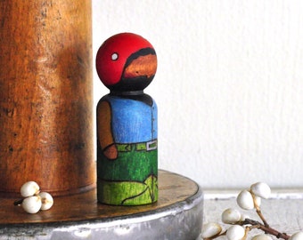 Red Mushroom Cap - Wooden Peg Doll - Hand Wood Burned and Painted - Miniature Doll - Waldorf Wooden Toy