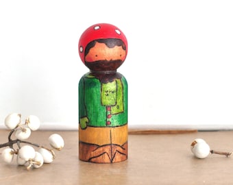 Red Buttons and Mushroom Cap - Wooden Peg Doll - Hand Wood Burned and Painted - Miniature Doll - Waldorf Wooden Toy