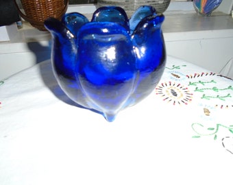 Vintage Cobalt Blue Glass Tulip Lotus Flower Tripod Candy Trinket Dish