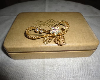 Vintage Brooch Pin Gold Filigree Aurora Borealis Floral Arranged Ribbon Bow