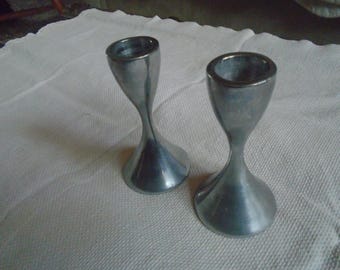 Pair of Pewter Candlestick Holders Hourglass Design