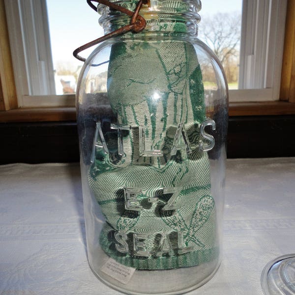 Atlas EZ Seal Large Hazel Atlas Storage Canister Antique Clear Glass Canning Jar Dry Goods Container