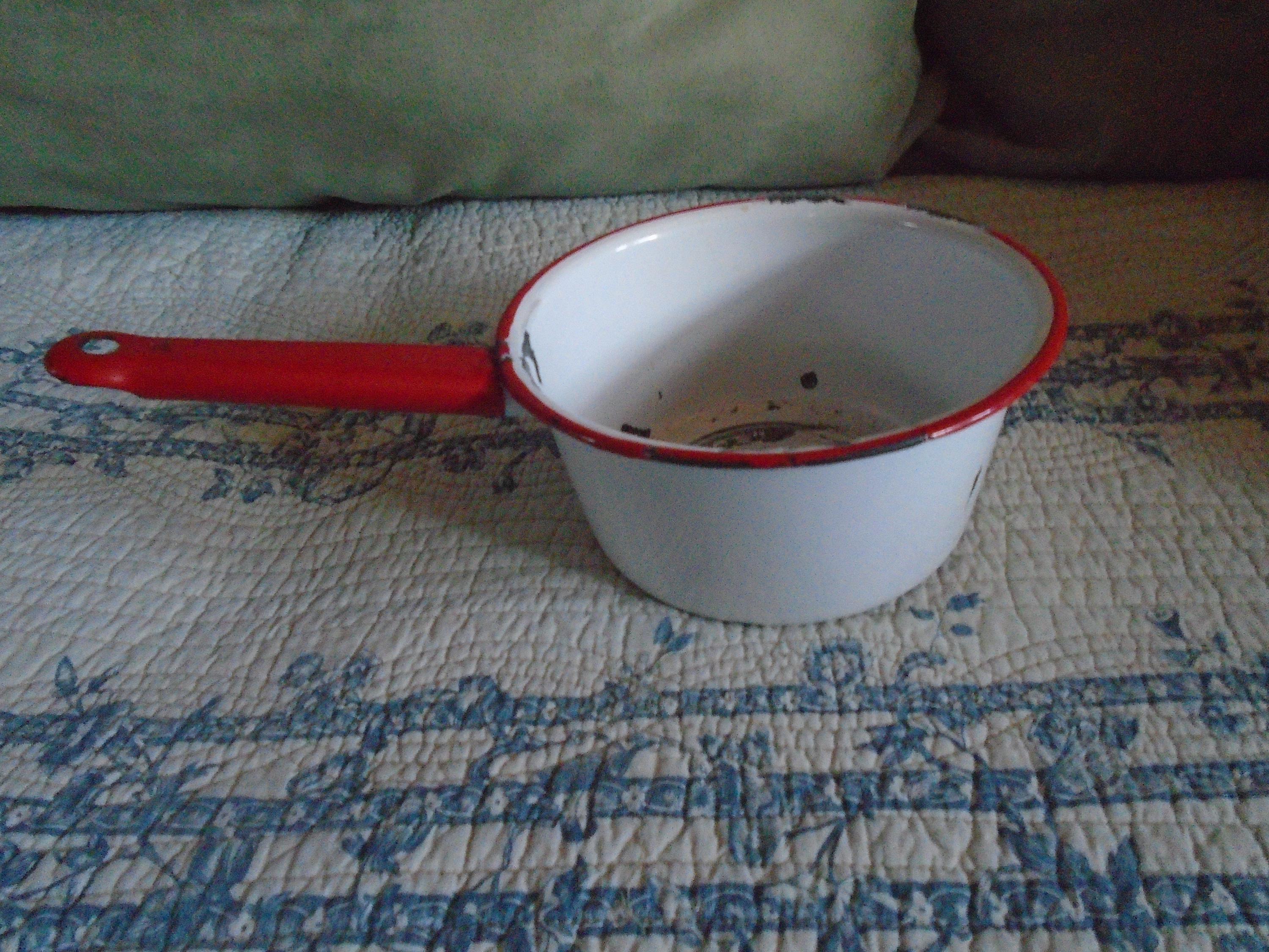 Vintage Chippy Enamelware Red Trim Sauce Pan - Etsy
