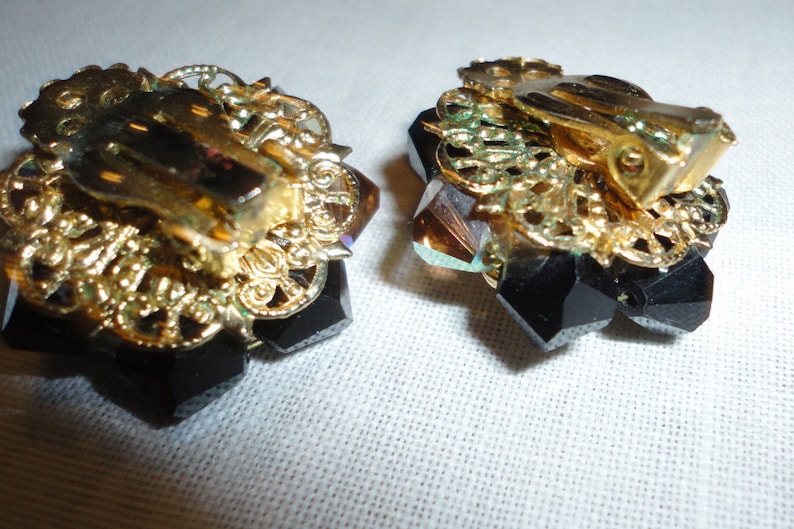 Glass Bead Clip on Earrings Black Gold Aurora Borealis Etsy