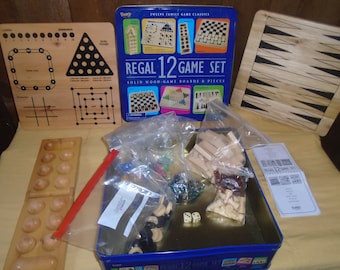 Vintage Solid Wood 12 Game Set By Regal Tin Boxed