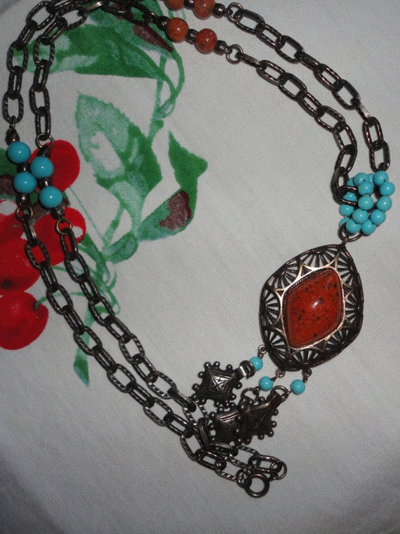 Vintage Necklace Coral Color Turquoise Art Glass … - image 2