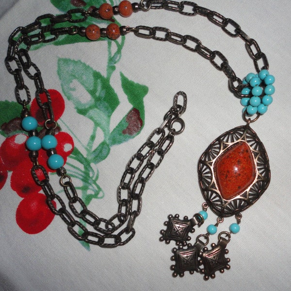 Vintage Necklace Coral Color Turquoise Art Glass Long Etched Chain Bead Jewelry