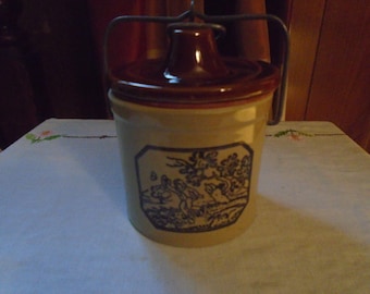 Vintage English Country Hunt Scene Stoneware Crock Canister with Lid and Wire Bail Handle