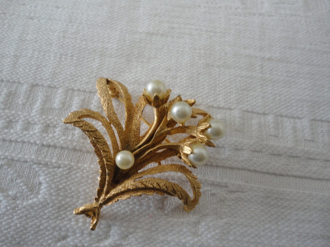 Corocraft Floral Bouquet Brooch Pin Faux Pearl Brushed Gold - Etsy
