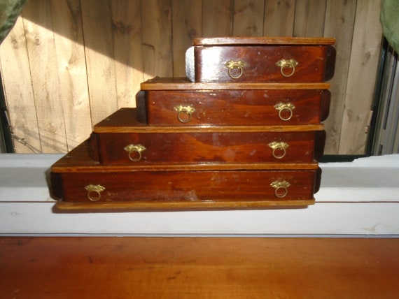 Vintage Four Drawer Wood Jewelry Box Made In Maine