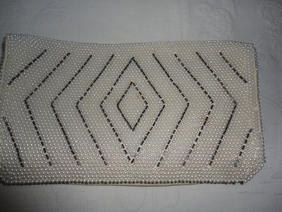 White Gray Bead Purse Clutch Hand Bag Satin Lined Ladies Vintage Made In Japan
