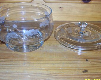 Crystal Glass Covered Frosted Satin Floral Etched Candy Dish CenterPiece
