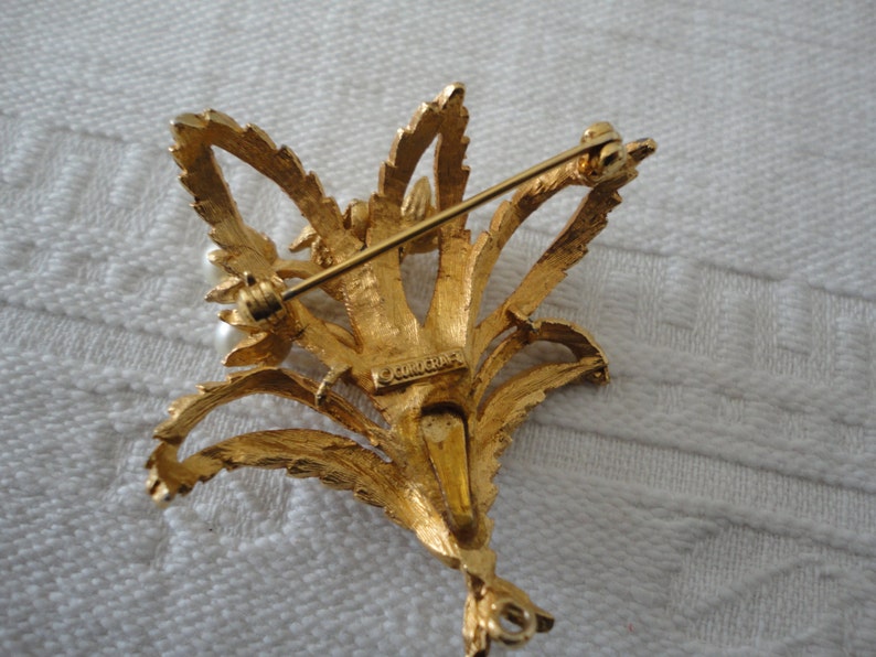Corocraft Floral Bouquet Brooch Pin Faux Pearl Brushed Gold Tone Vintage Jewelry