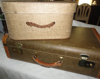 Vintage Tweed Suitcase Leather Trimmed Hat Wig Travel Box