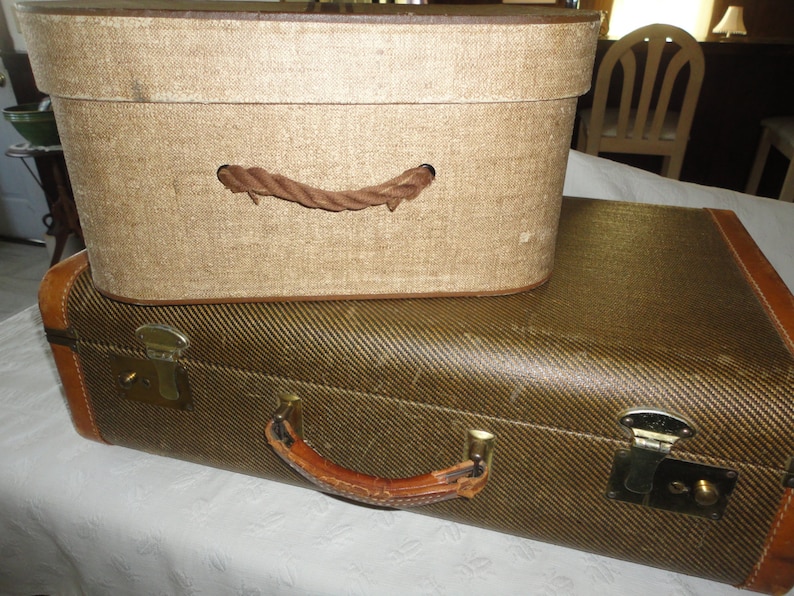 Vintage Tweed Suitcase Leather Trimmed Hat Wig Travel Box