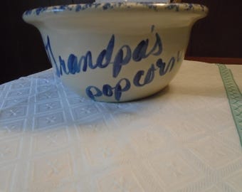 Grandpa's Popcorn Bowl Cream Cobalt Blue Stoneware Vintage Americana Country Style