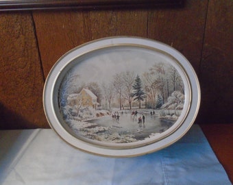 Vintage Double Sided Winter Fall Currier and Ives Oval Biscuit Cookie Storage Tin