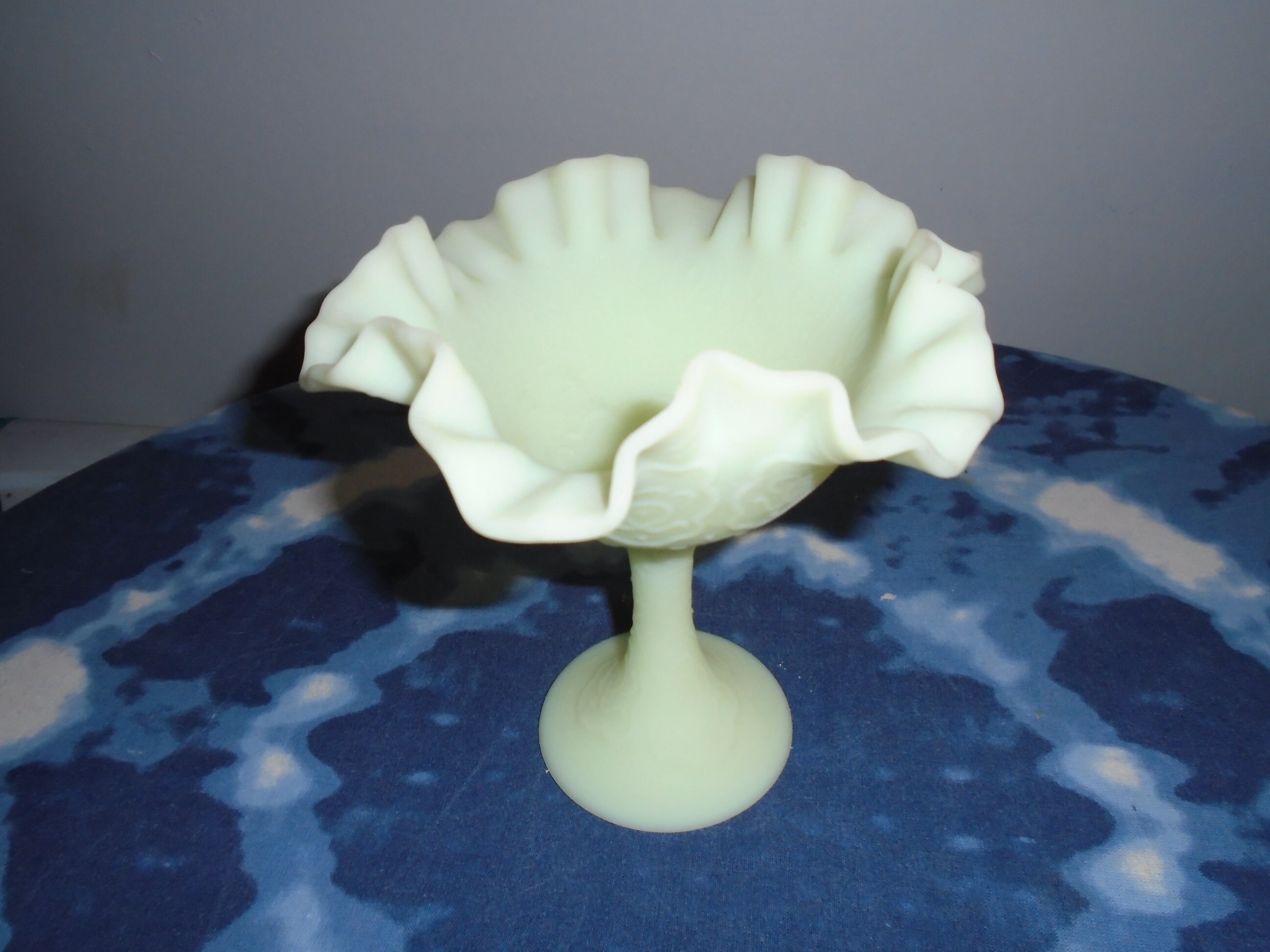 Vintage Fenton Yellow Satin Frosted Glass Pedestal Dish Ruffled